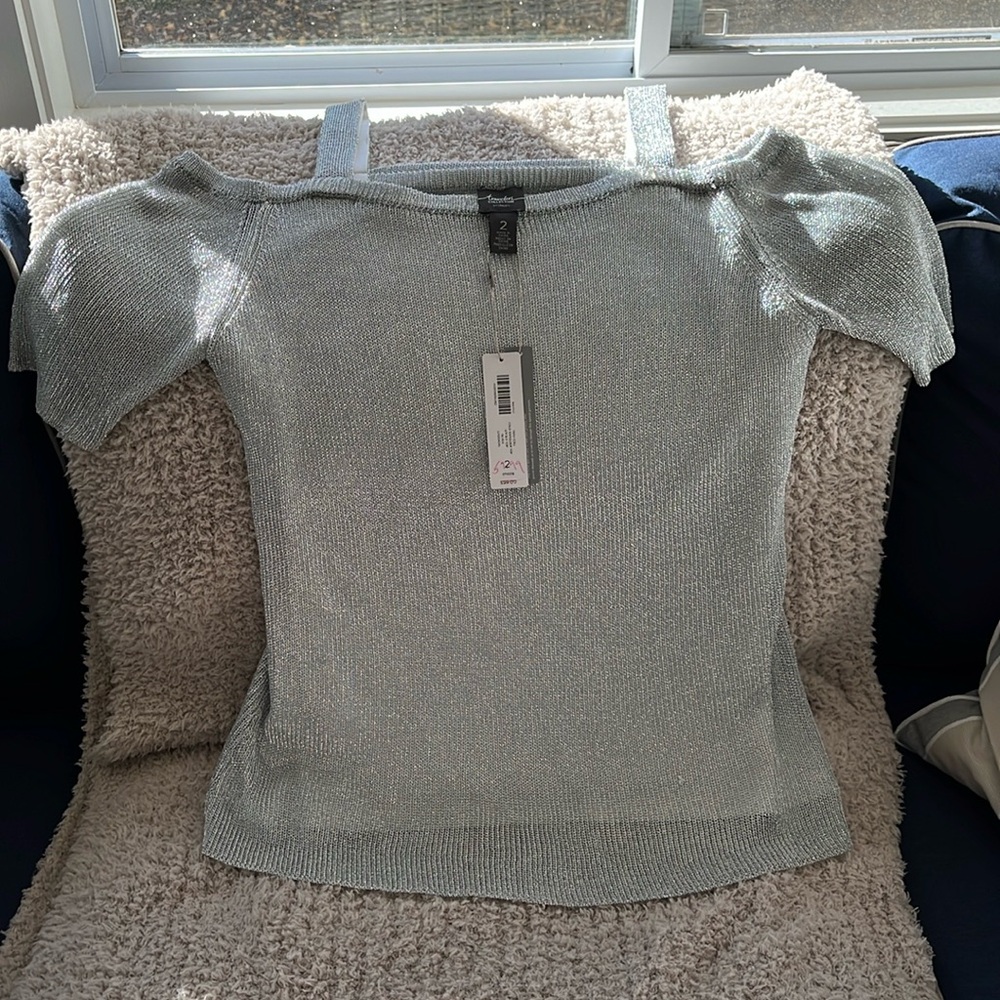 NWT, Chico’s size 2, perfect for holiday party! Shimmering silver top